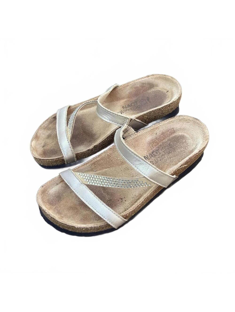 NAOT Three Strap Leather, Rhinestone & Cork Sandals | Champagne Size EU 36 5-5.5